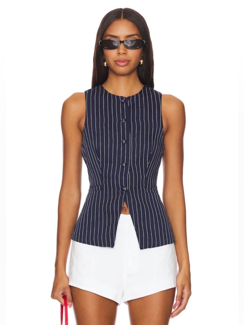 ALL THE WAYS NAVY PINSTRIPE BUTTON FRONT VEST DISSH HOUSE OF HARLOW MORE TO COME